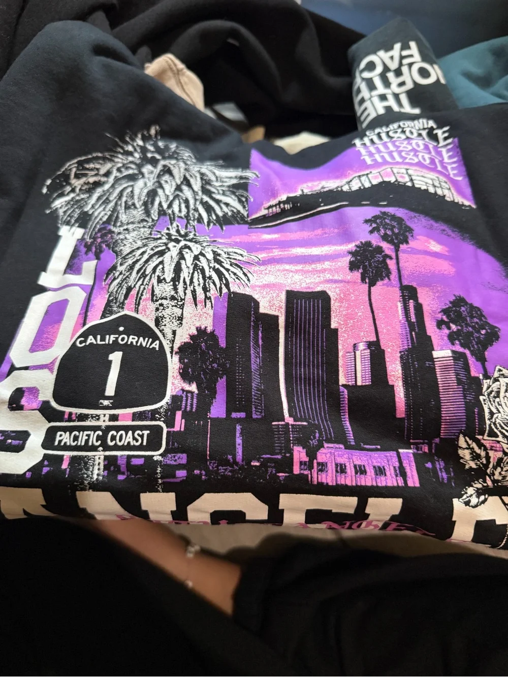 Black 'Los Angeles' Skyline Hoodie with Pink Accent Roses